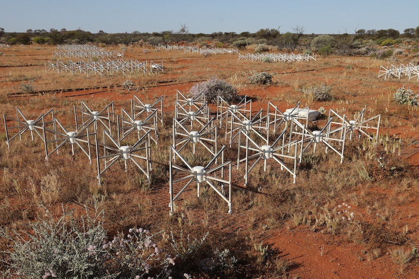 Small antennas are placed in a network in the desert.